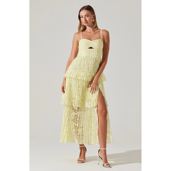 ASTR The Label Dresses & Skirts - ASTR the Label Emmi Yellow Mesh Floral Tiered Midi Dress Size S